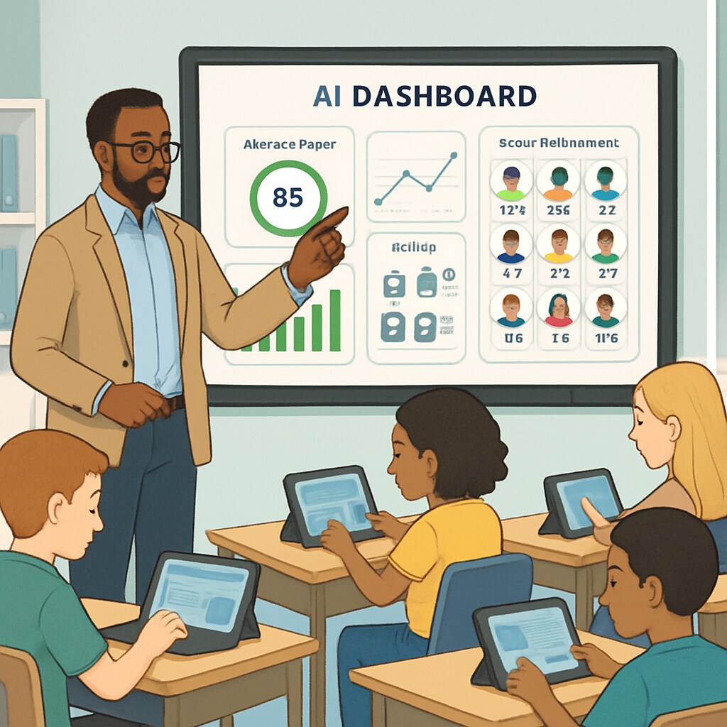 A teacher using an AI dashboard on a smartboard to track individual student performance in real-time. Teacher utilizing AI dashboard for student progress tracking