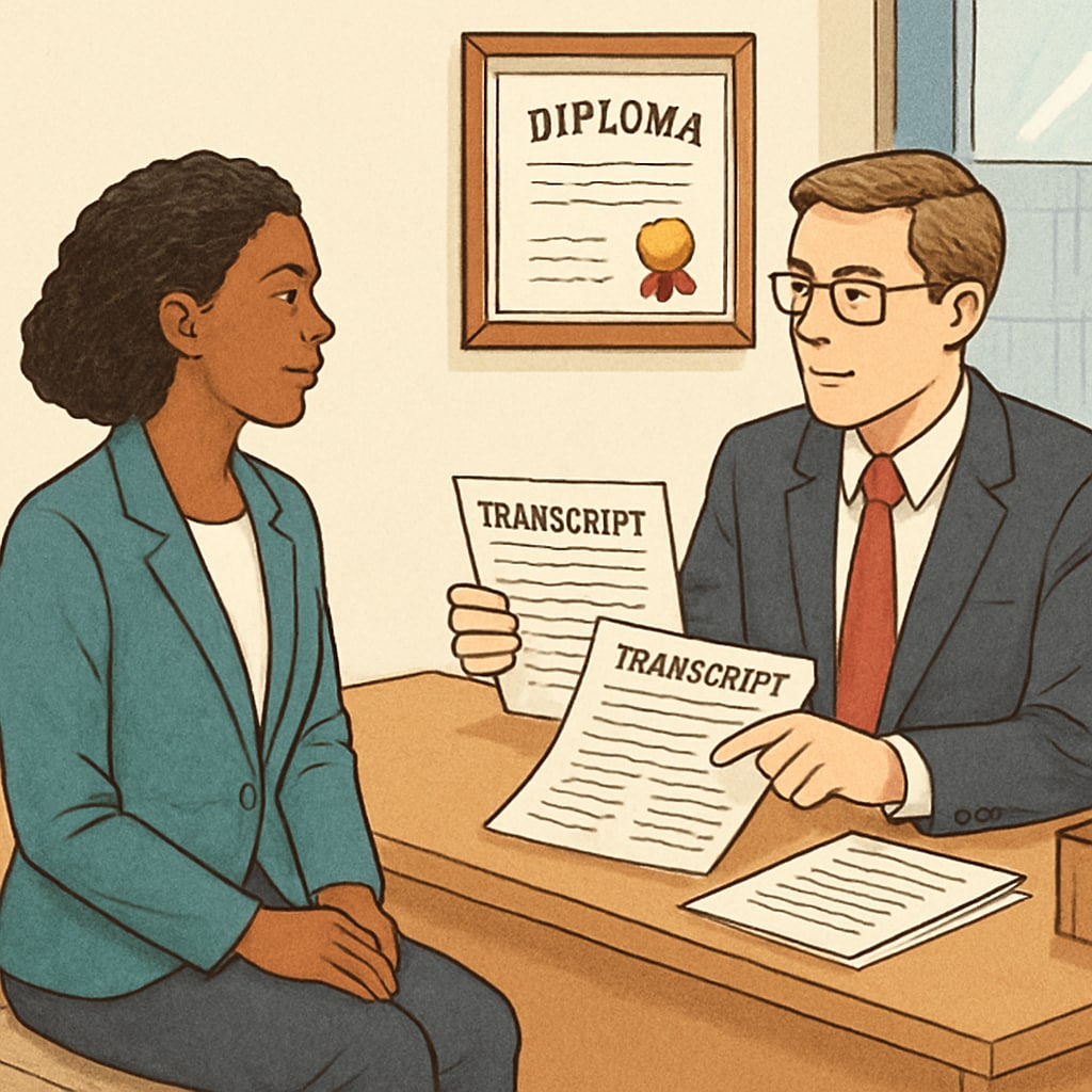 A professional interview setting, illustrating the importance of academic records in career advancement. Interview scene demonstrating the significance of GPA and P/NP grading on career prospects.