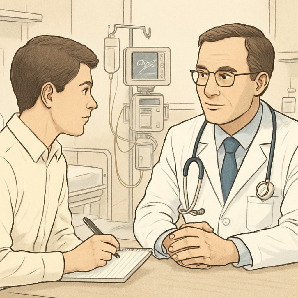 A student interviewing a doctor in a clinical setting, emphasizing communication and engagement. Student interviewing a doctor in a clinical setting for a medical career project.