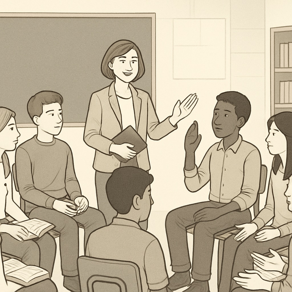 A Socratic seminar in a classroom, promoting critical thinking and diverse viewpoints.