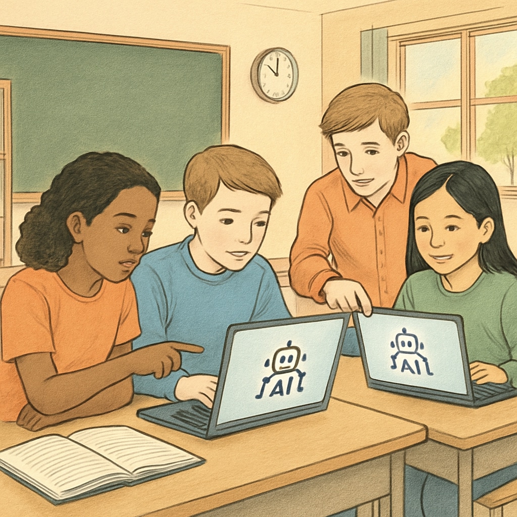 A classroom setting where students are using AI tools for collaborative projects, symbolizing the integration of AI in education. Students using AI tools in a classroom for collaborative learning.