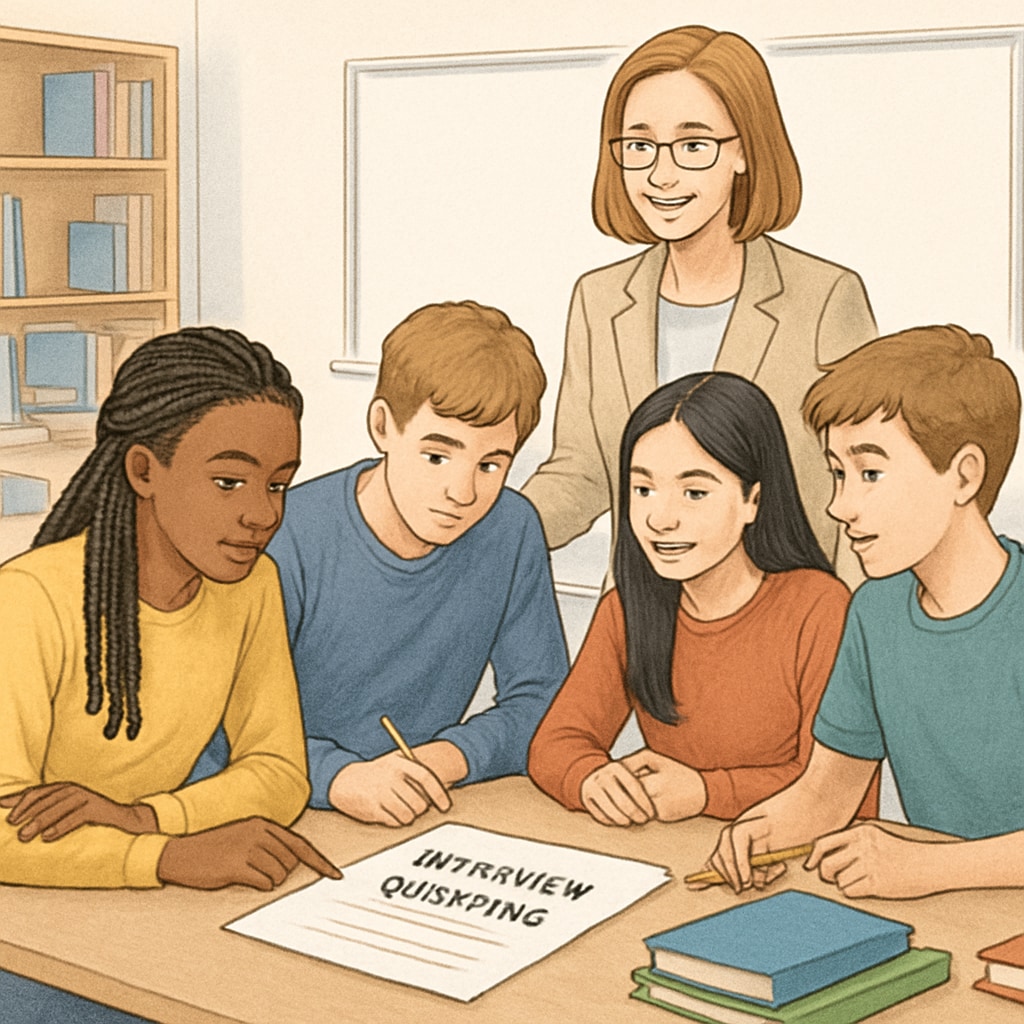 A group of high school students preparing interview questions, with a teacher guiding them. High school students preparing for a medical career interview project with teacher guidance.