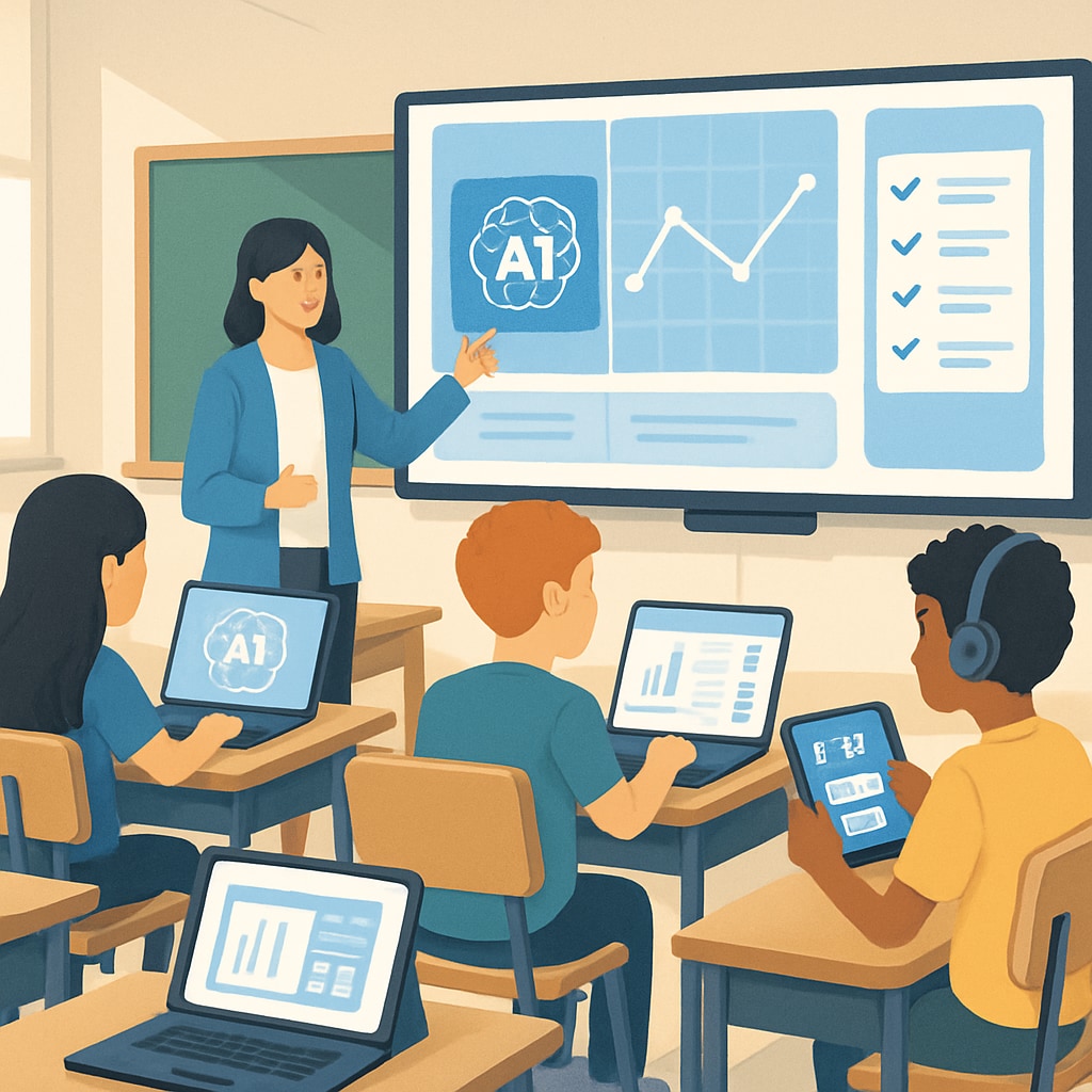 A futuristic digital classroom with AI-driven adaptive learning platforms, highlighting the role of technology in transforming education. Futuristic classroom with AI-driven adaptive learning platforms.