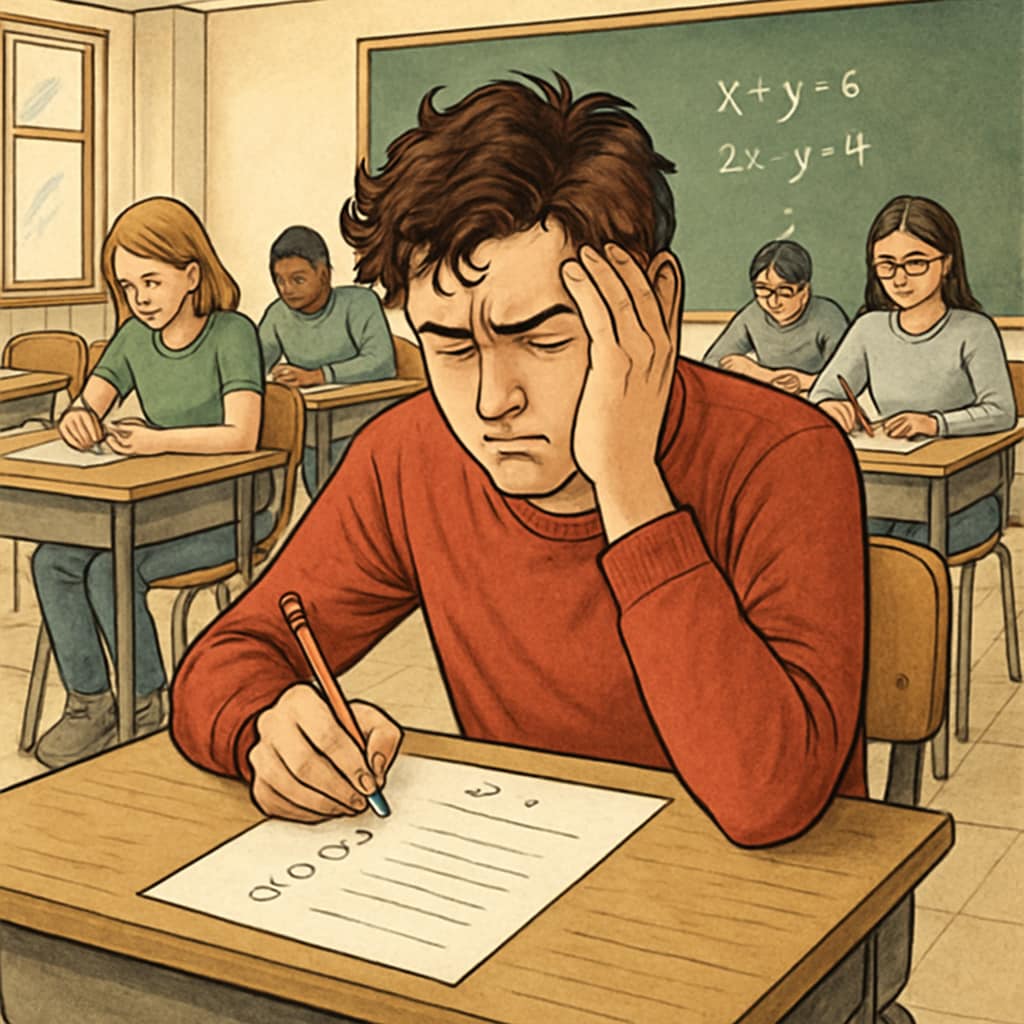 High school student experiencing math anxiety during a multi-choice exam.