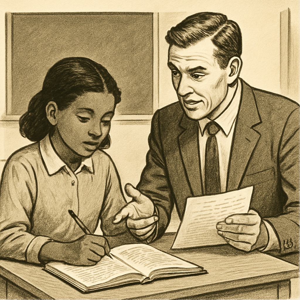 A teacher providing constructive feedback to a student, symbolizing balance in education.