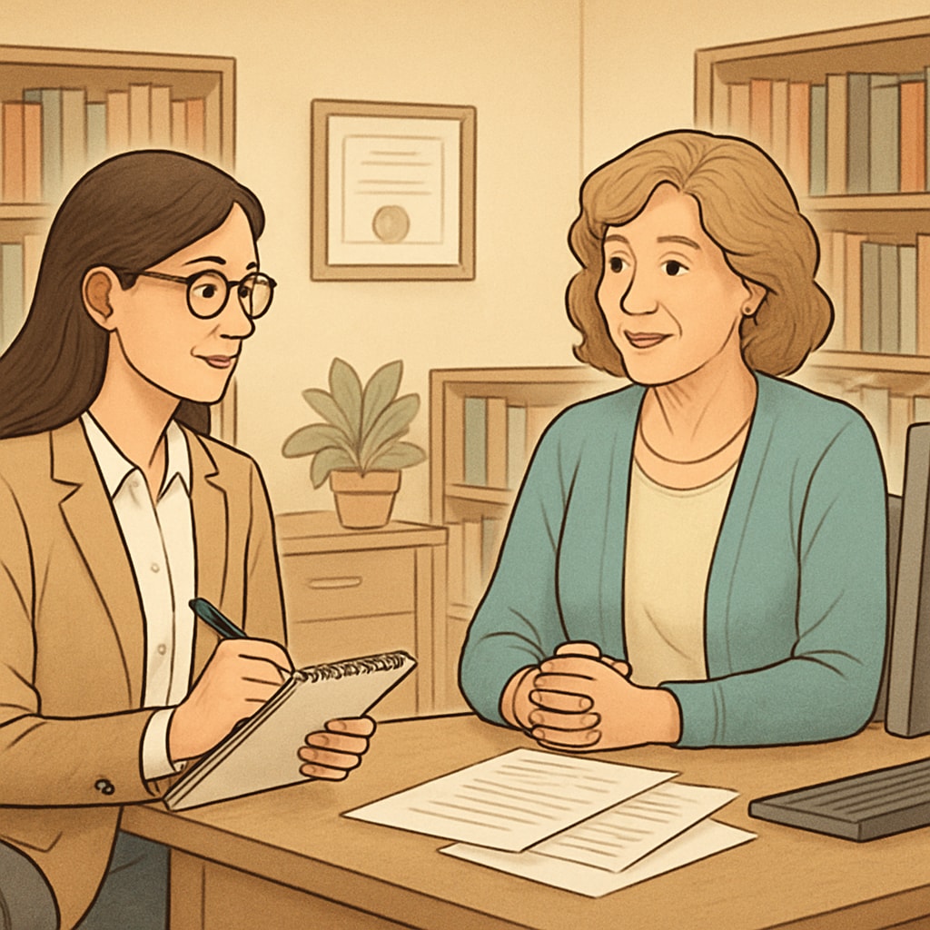 Graduate student interviewing a K12 school counselor for academic research.