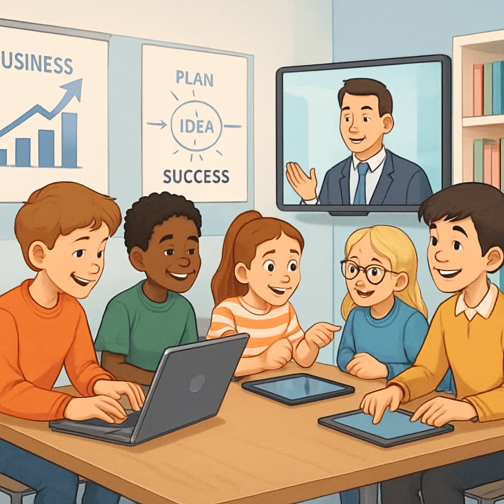 A group of enthusiastic children aged 8-14 engaged in an interactive virtual business class, showcasing teamwork and creativity. Children participating in a virtual business education program, learning teamwork and creativity.