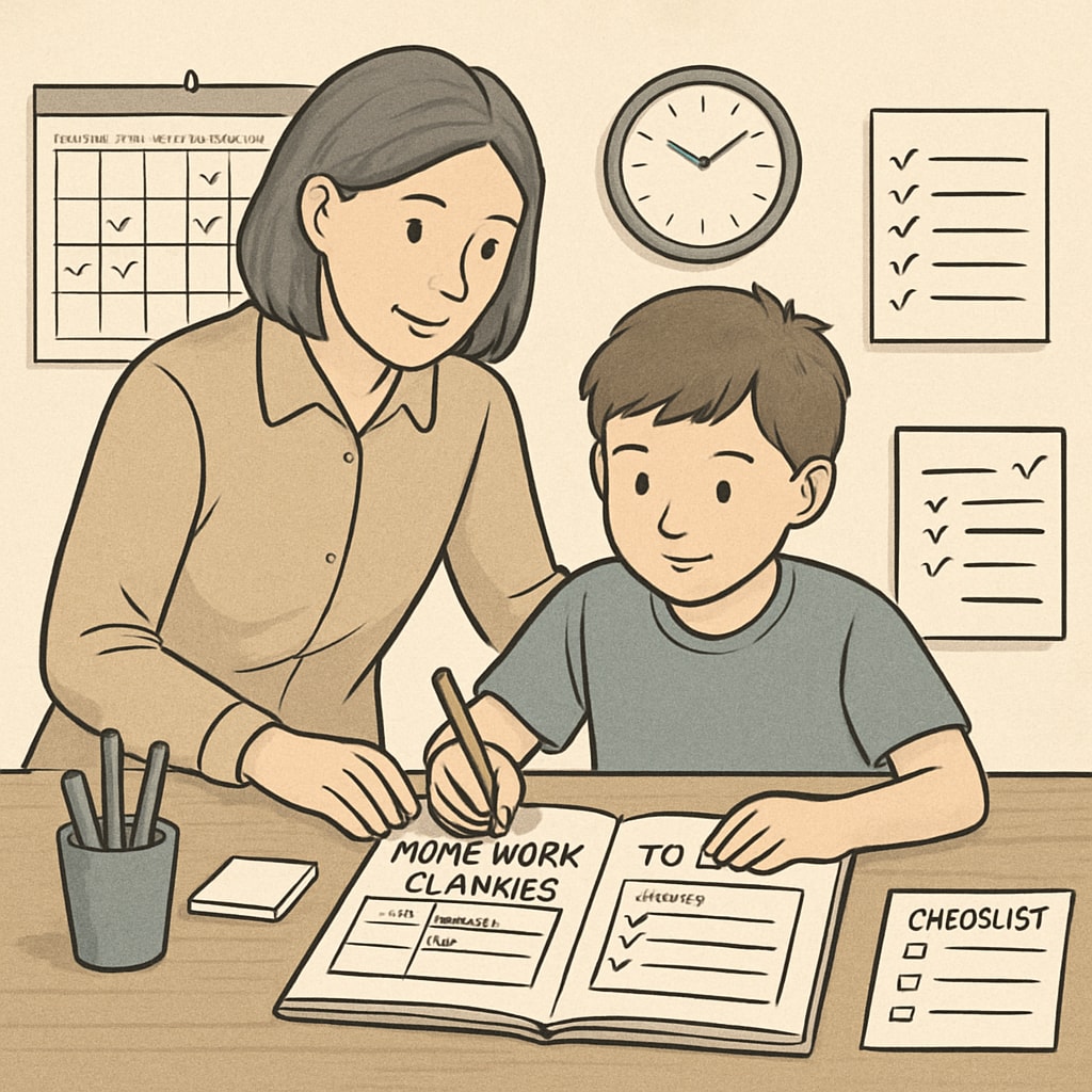 Parent helping child with ADHD organize a homework planner for executive function support.