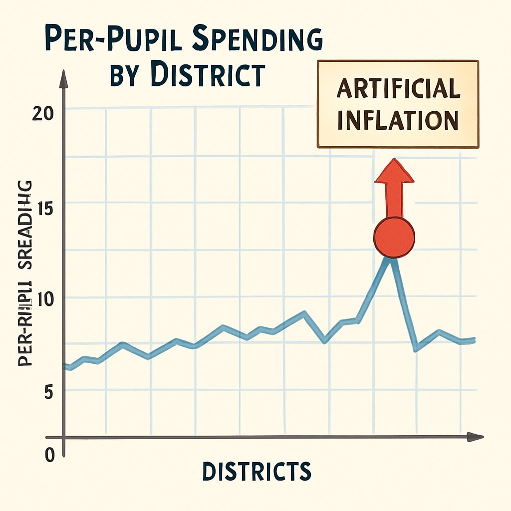 A graph illustrating per-pupil spending trends across districts, highlighting discrepancies that suggest artificial inflation. Graph showing per-pupil spending trends and discrepancies in K12 school budgets.