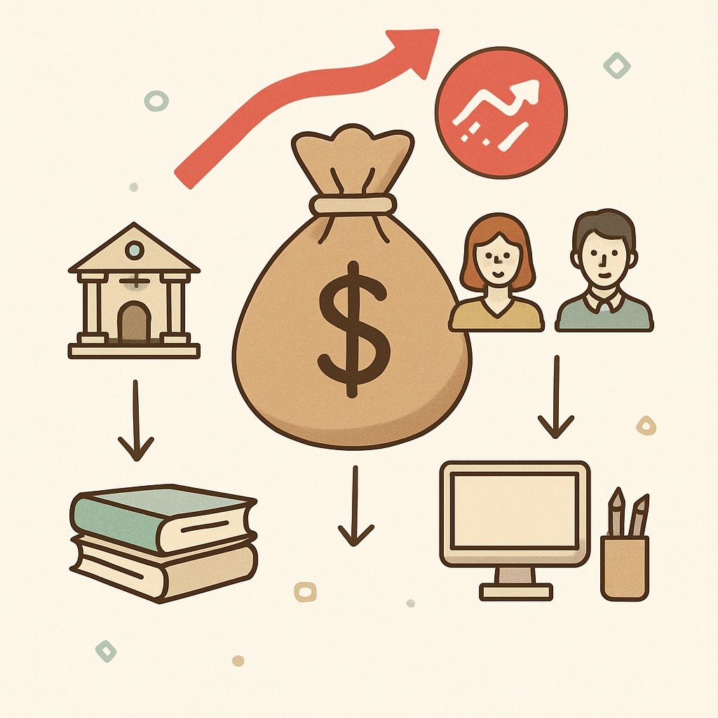 An infographic visually representing the effects of artificial inflation on resource allocation within K12 education systems. Infographic on artificial inflation and its impact on K12 education funding.