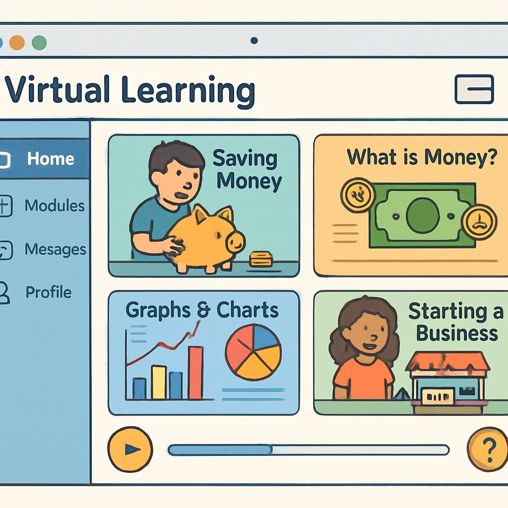 A screenshot of a virtual learning platform with colorful modules teaching financial literacy and entrepreneurship to children. Virtual learning platform for teaching financial literacy and entrepreneurship to children.