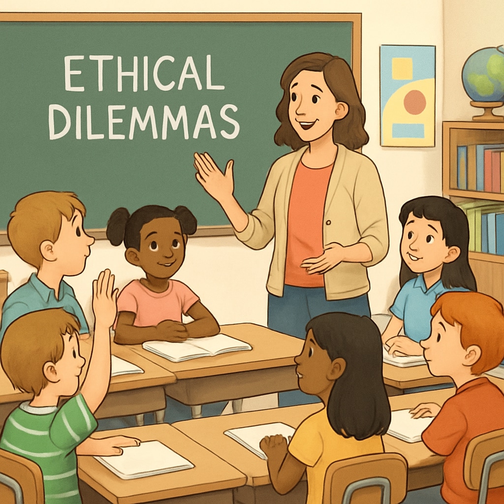 A teacher engaging a group of elementary students in a discussion about ethical dilemmas. A philosophy teacher leading a discussion with elementary students as part of a social experiment.