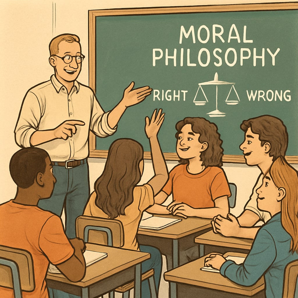 A classroom setting where a volunteer philosophy teacher is leading a lively discussion with high school students about moral philosophy. Volunteer philosophy teacher discussing moral philosophy with high school students during a pilot program.