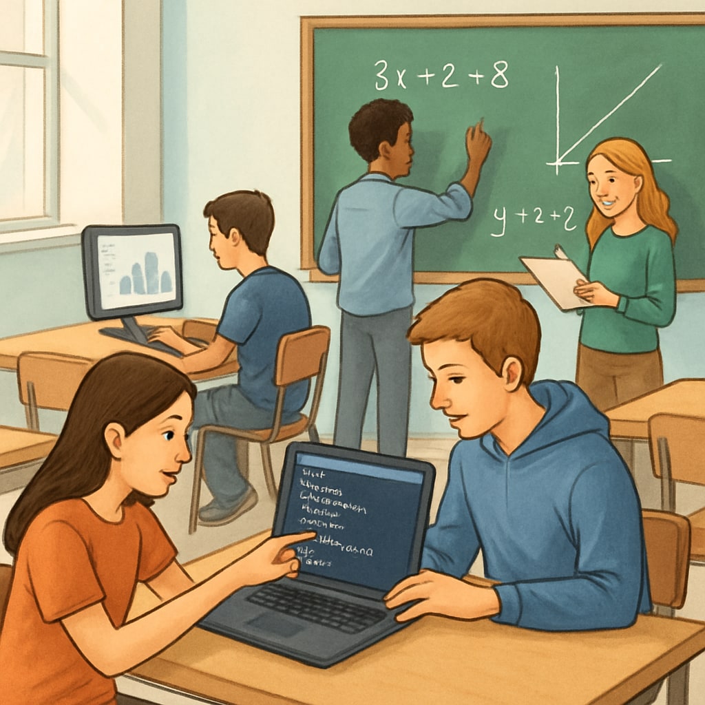 A classroom where students are learning coding and mathematics together, demonstrating the integration of vocational and academic learning. Students learning coding and mathematics in an integrated vocational-academic classroom.