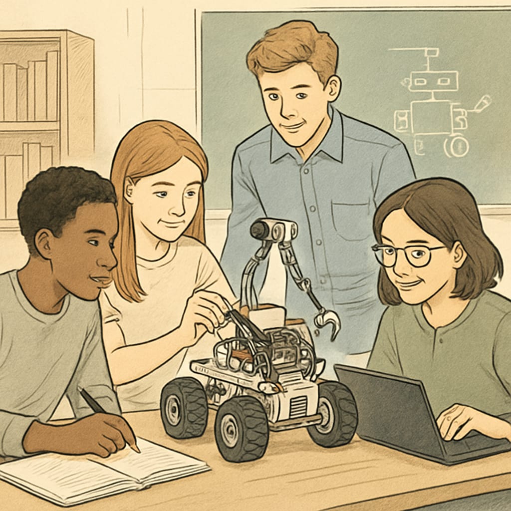 Students collaborating on a robotics project, illustrating the integration of academic knowledge and vocational skills. Students working on a robotics project combining vocational and academic skills.