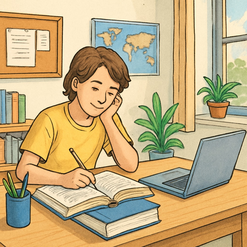 A young student studying at home with textbooks and a laptop, representing the concept of alternative education options. A student using online resources to resume education in the UK after interruptions.