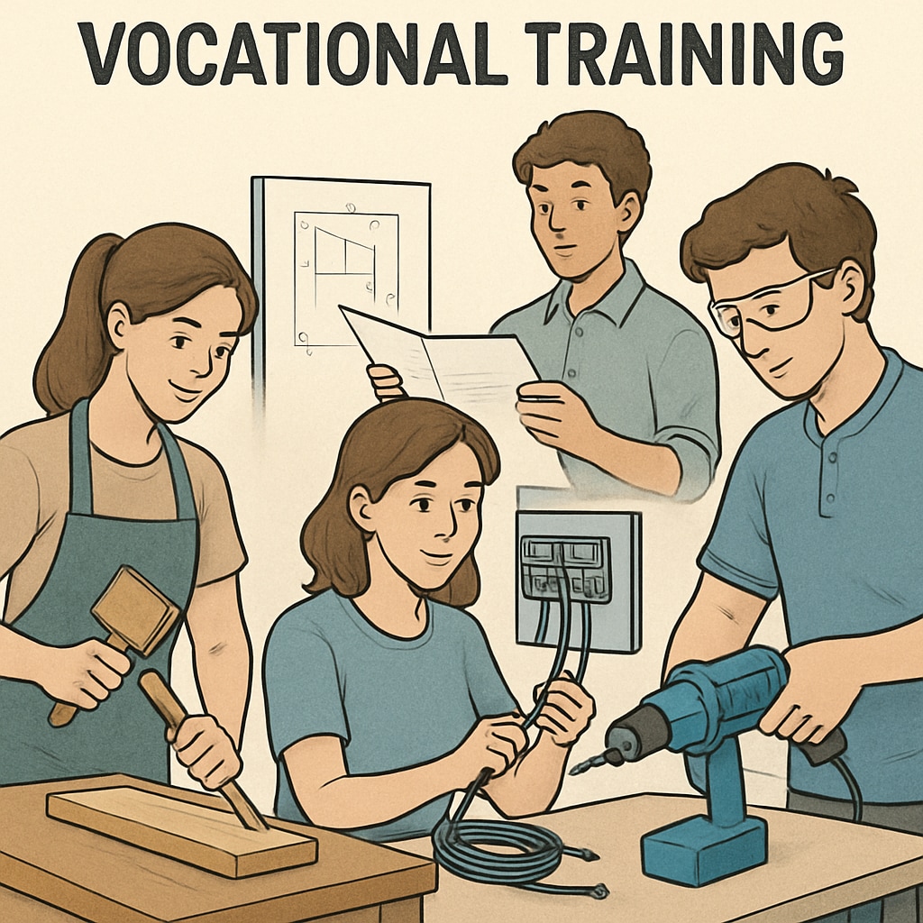 A group of young people participating in a hands-on vocational training program, symbolizing practical education alternatives. Students in a vocational training program, showcasing an alternative education route in the UK.