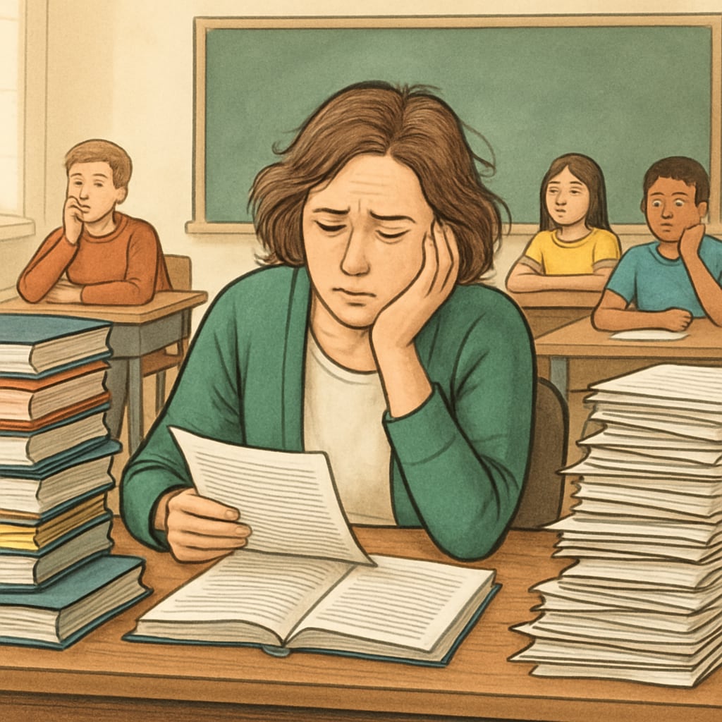 A teacher struggling with paperwork at a cluttered desk, while students in the background appear disengaged. Teacher facing K12 education challenges with disengaged students.