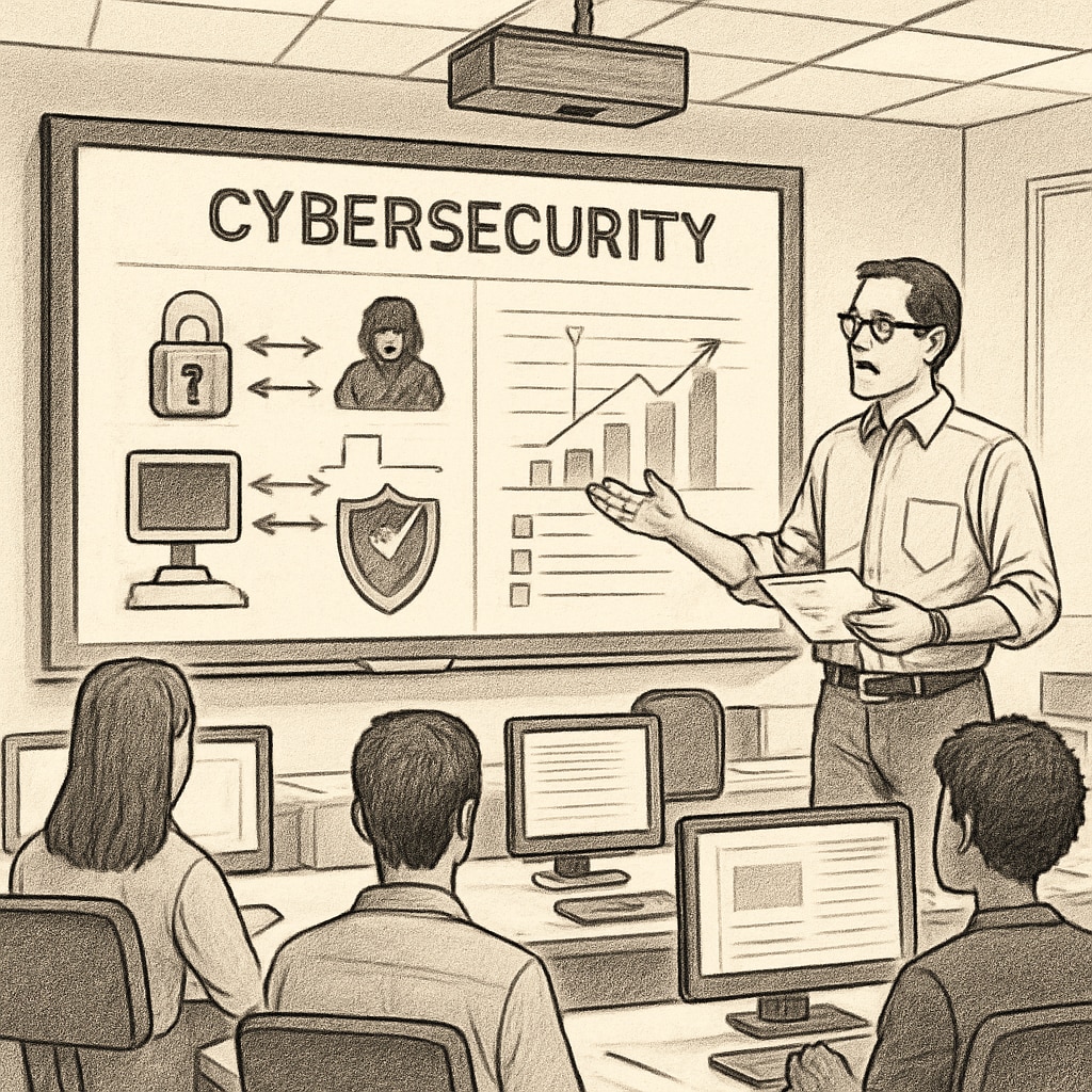 An instructor teaching cybersecurity concepts in a university classroom equipped with modern technology. University classroom teaching cybersecurity with modern equipment.