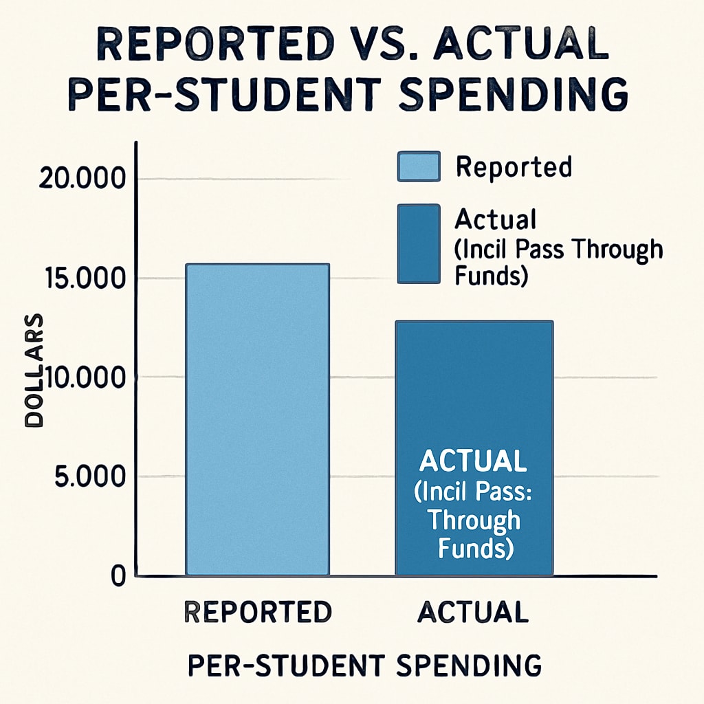 A bar chart illustrating the difference in reported and actual per-student spending when pass-through funds are included. Graph showing inflated per-student spending due to pass-through funds.