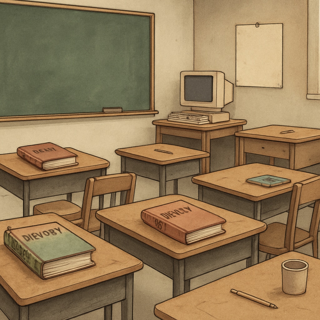 A classroom scene highlighting resource disparities, such as outdated textbooks and limited technology. Classroom with resource disparities, emphasizing the impact of pass-through funds on equity.