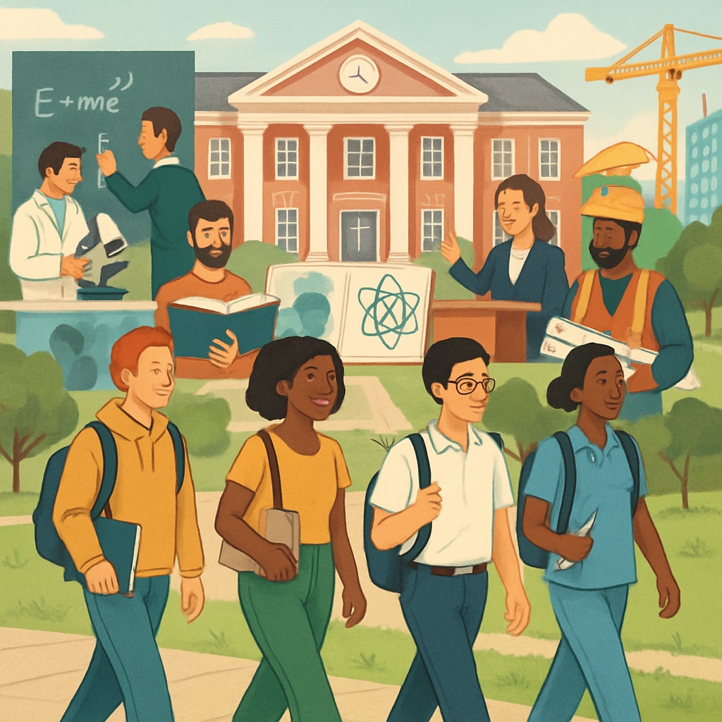 A university campus with students walking, representing diverse academic opportunities. University campus with students walking, showcasing academic diversity.