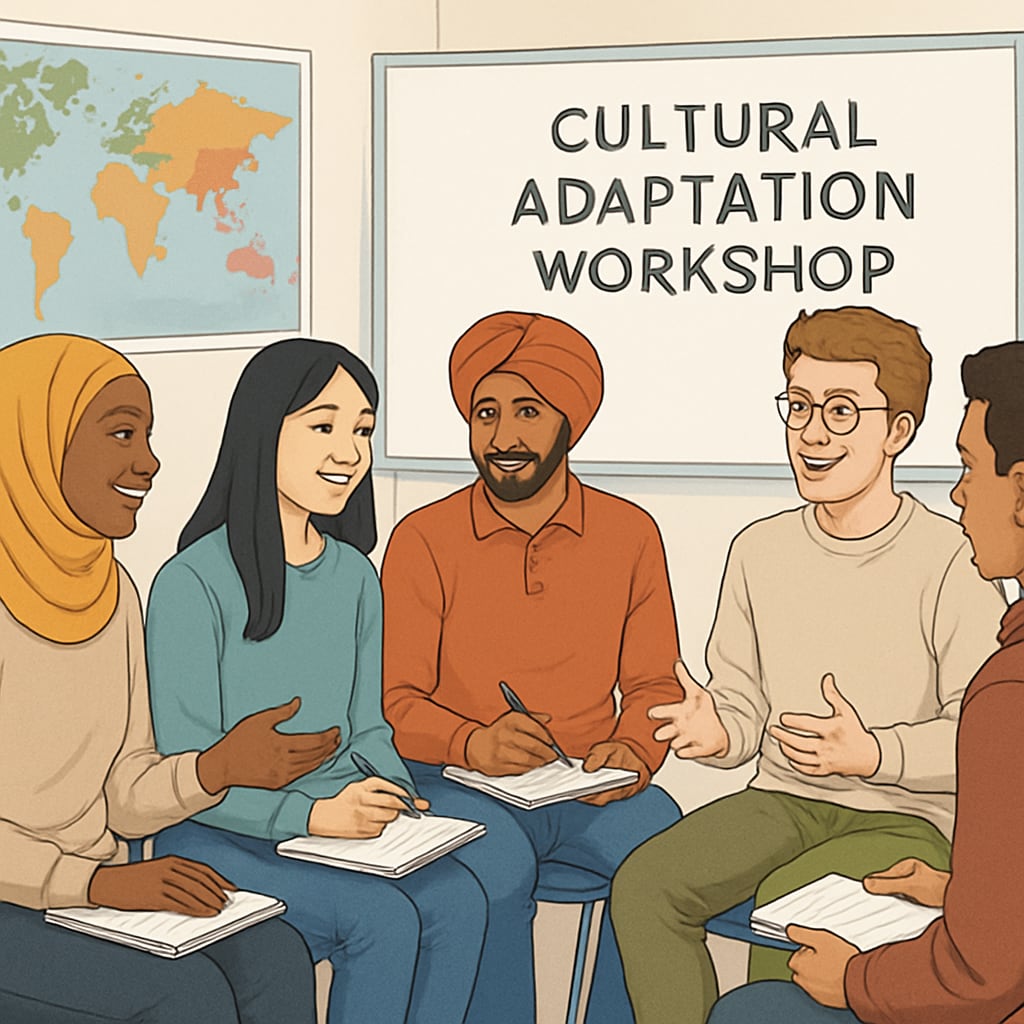 A diverse group of international students attending a cultural adaptation workshop in New York, engaging in discussions and learning activities. International students workshop on adult education, cultural adaptation, and foundational knowledge