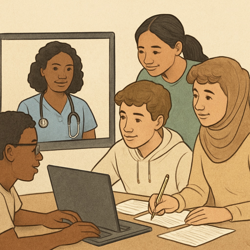 A group of students collaborating online in a virtual learning environment, symbolizing teamwork and nursing career exploration. Students collaborating in an online learning environment related to nursing.