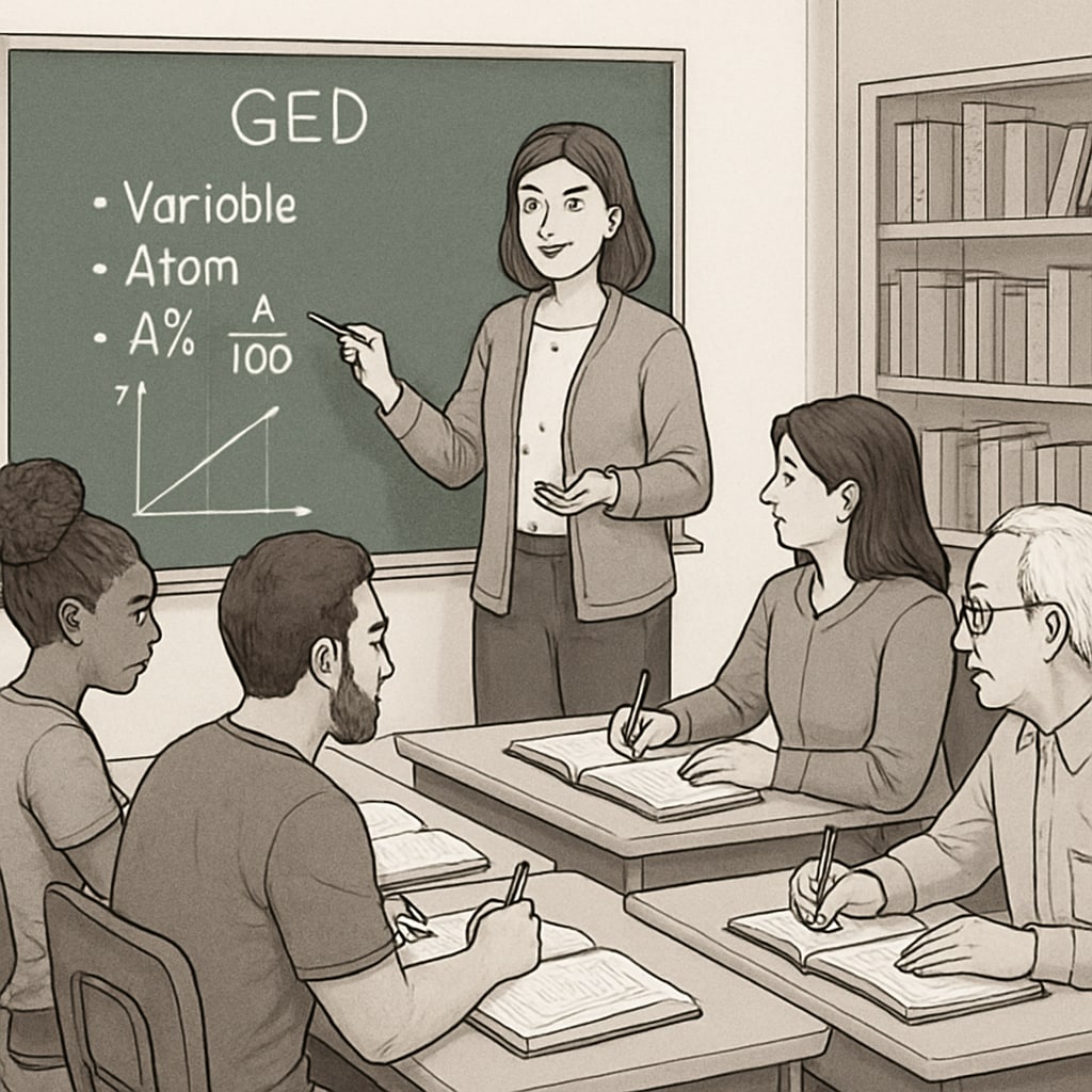Adult students preparing for their GED in a classroom environment.