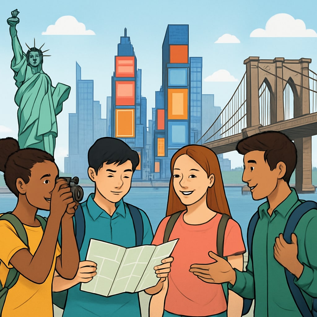 An international student group exploring New York City landmarks, symbolizing cultural immersion and adaptation. International students exploring New York landmarks for cultural adaptation and learning