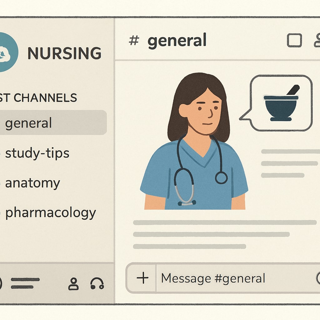 A screenshot of a Discord study group channel dedicated to nursing and healthcare subjects. Discord study group channel focused on nursing and healthcare.