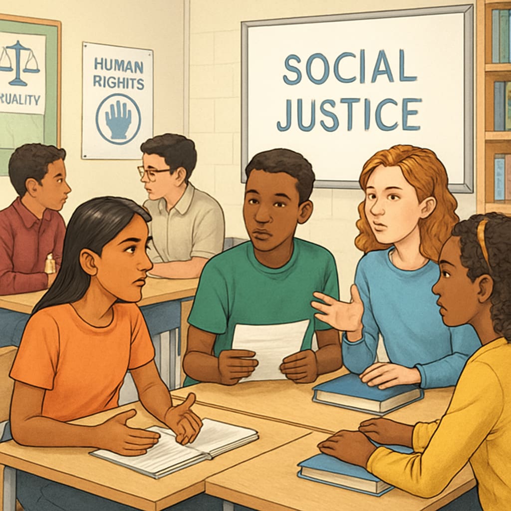 Students discussing social justice topics in a classroom setting.