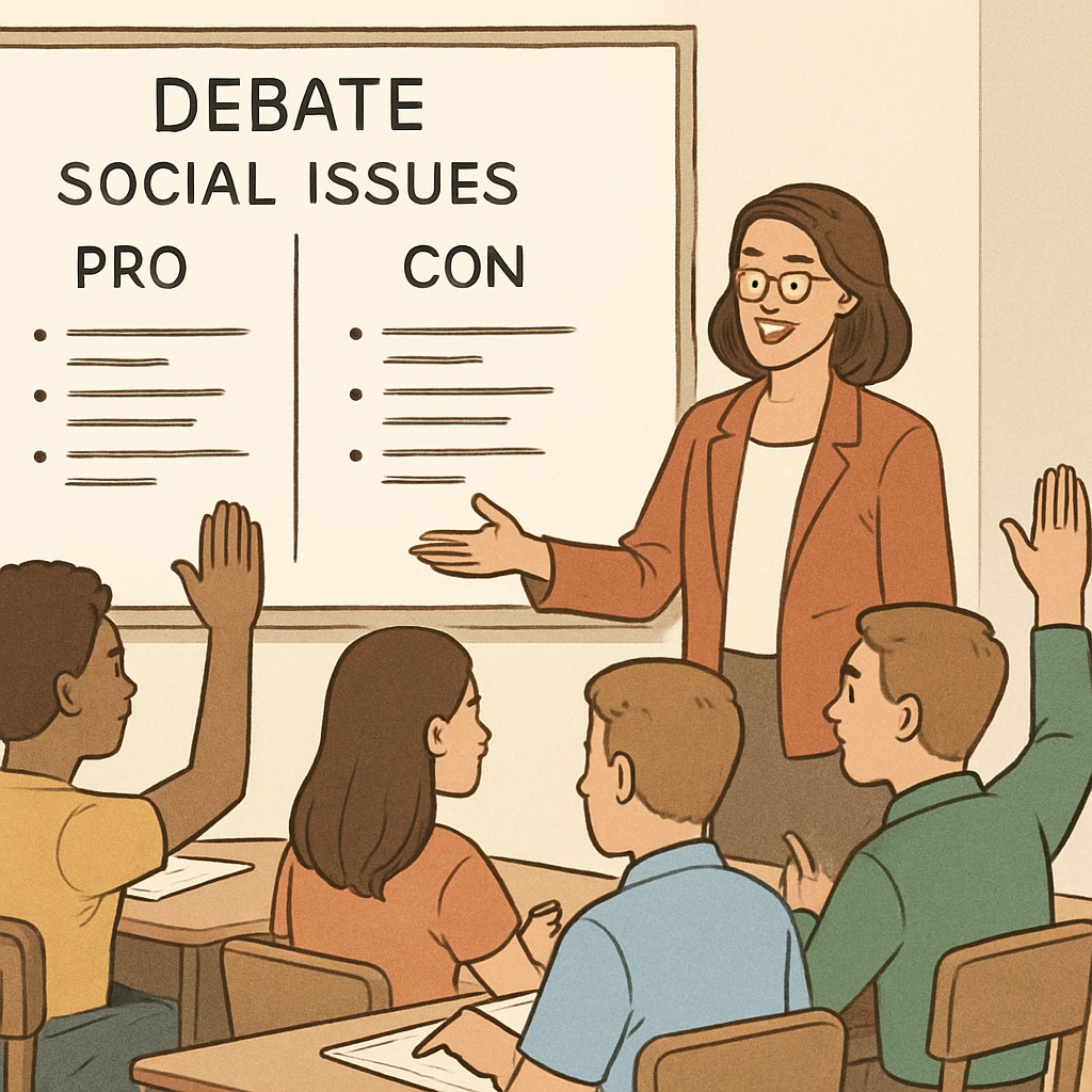 Teacher supervising a classroom debate on social issues.