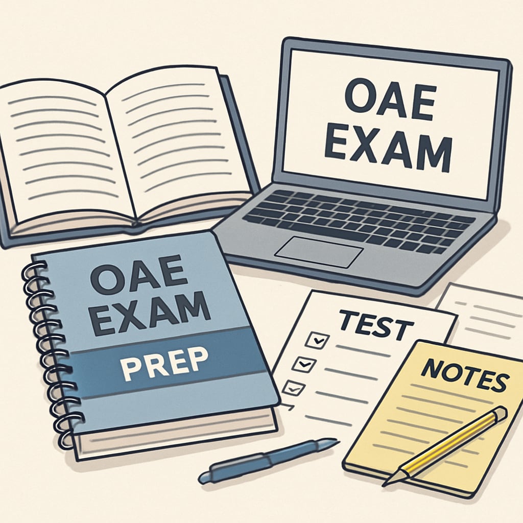 Study materials for OAE exam preparation including books and a laptop.