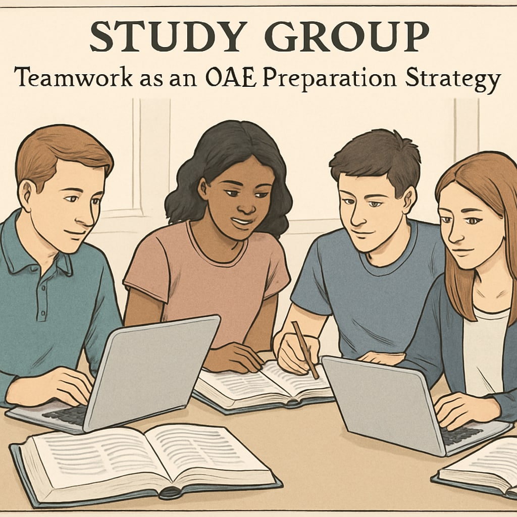 Study group collaborating for OAE preparation with laptops and textbooks.