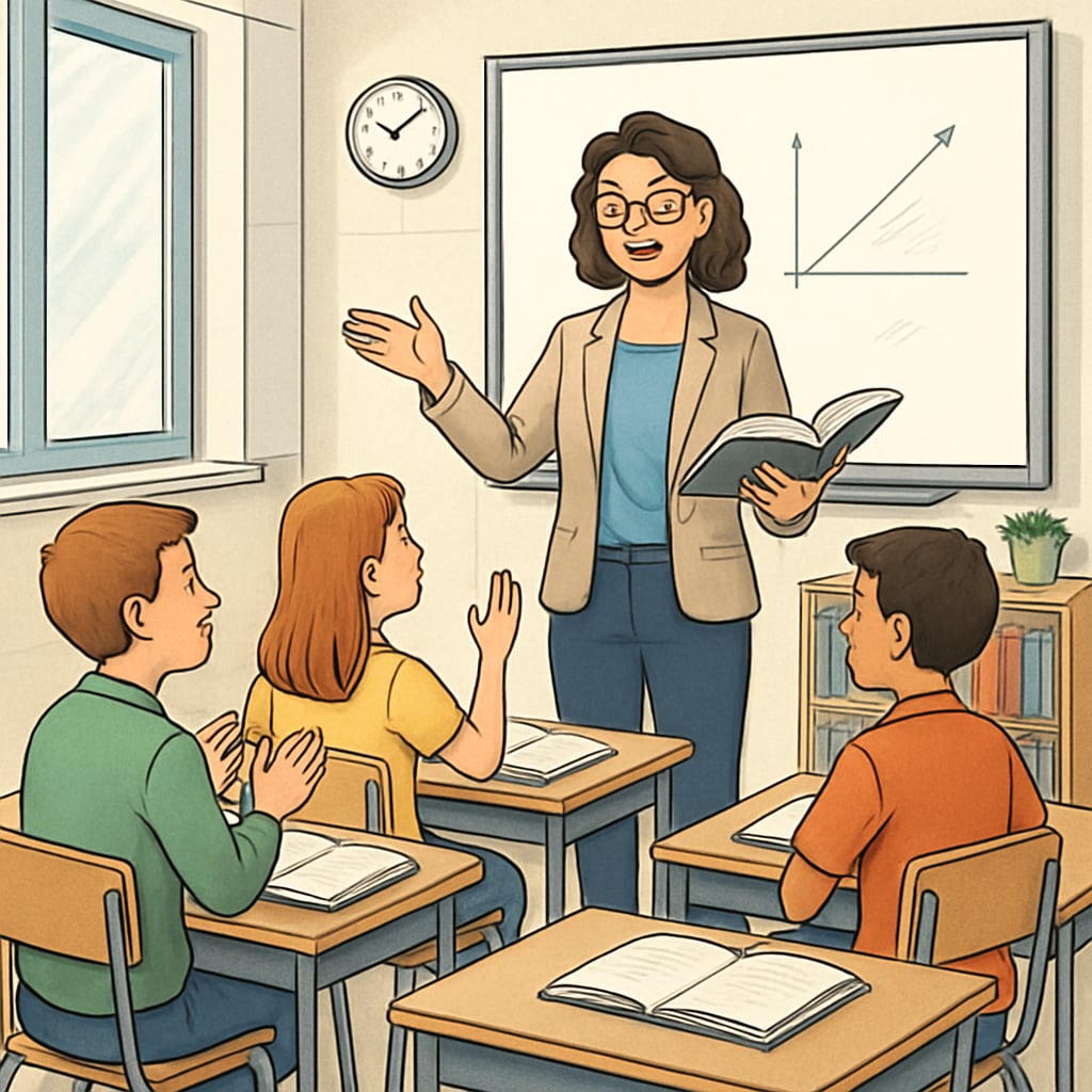Canadian K12 teacher presenting a lesson to students in a classroom.