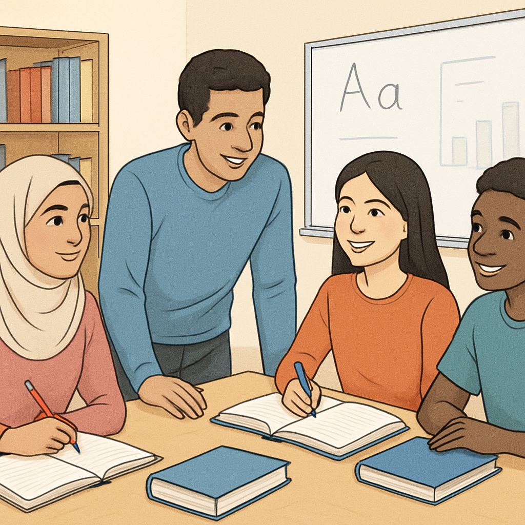 International students collaborating in an English-medium academic setting.