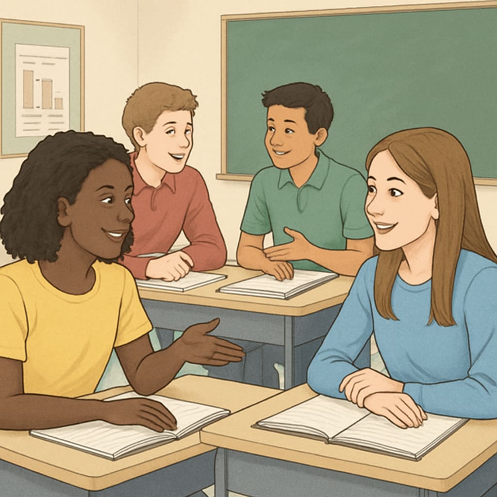 A photo of students sitting in a classroom, engaged in conversation without mobile phones. Students in a classroom without mobile phones, discussing a school project.