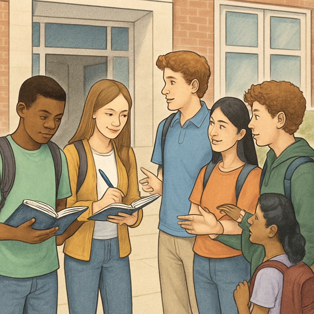 A group of students standing outside a school, some using planners while others talk without phones. Students outside a school adapting to the mobile phone ban with planners and conversation.