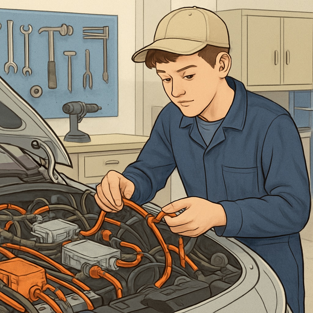 Electrical apprentice working on an electric vehicle wiring system.