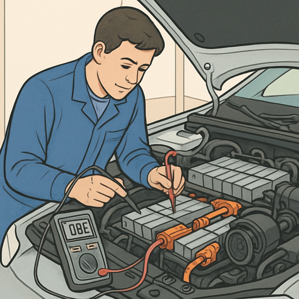 Apprentice using diagnostic tools on an electric car battery.
