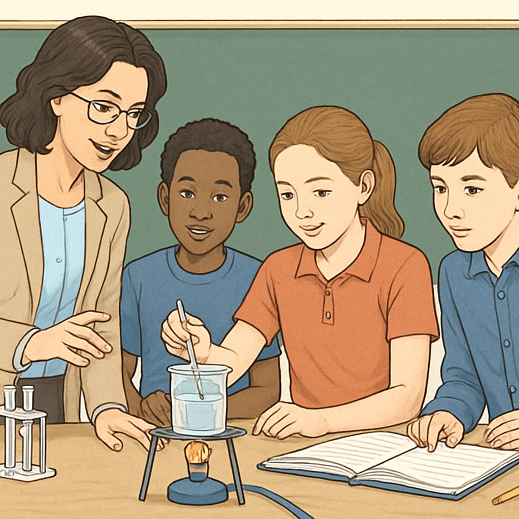 A teacher leading a middle school science experiment, with students actively participating. A teacher and students conducting a science experiment in a middle school classroom.