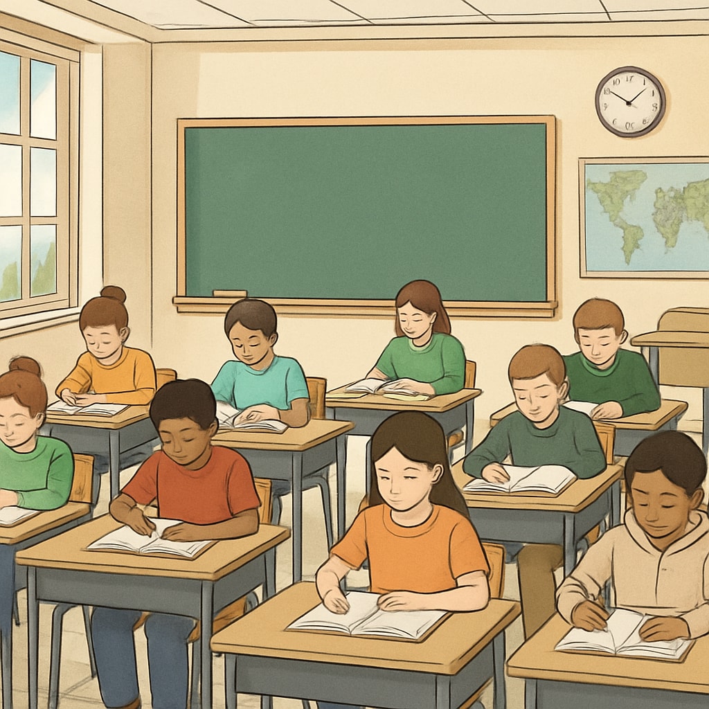 A classroom in a public school where students are focused on their studies without any visible mobile phones. Public school classroom with no mobile phones visible