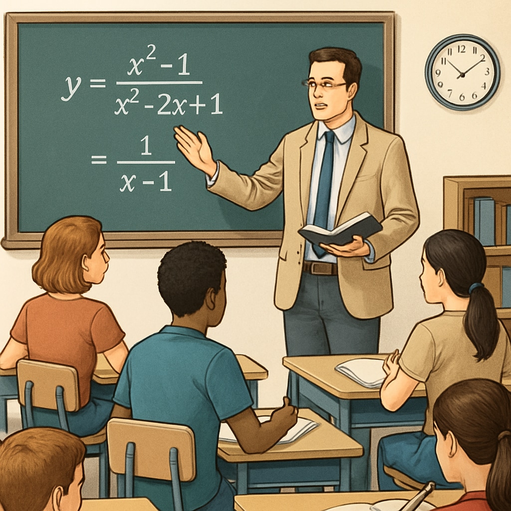 A classroom setting with a teacher explaining a complex mathematical formula to attentive high school students. High school math teacher explaining formulas to students.