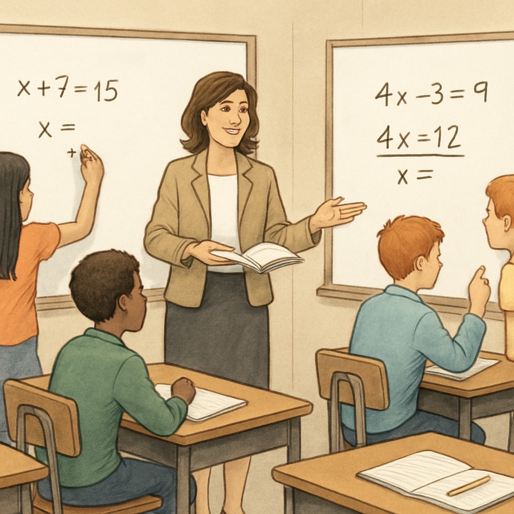 A teacher conducting an interactive math workshop with students working in groups, solving equations on whiteboards. High school math workshop with students solving equations.