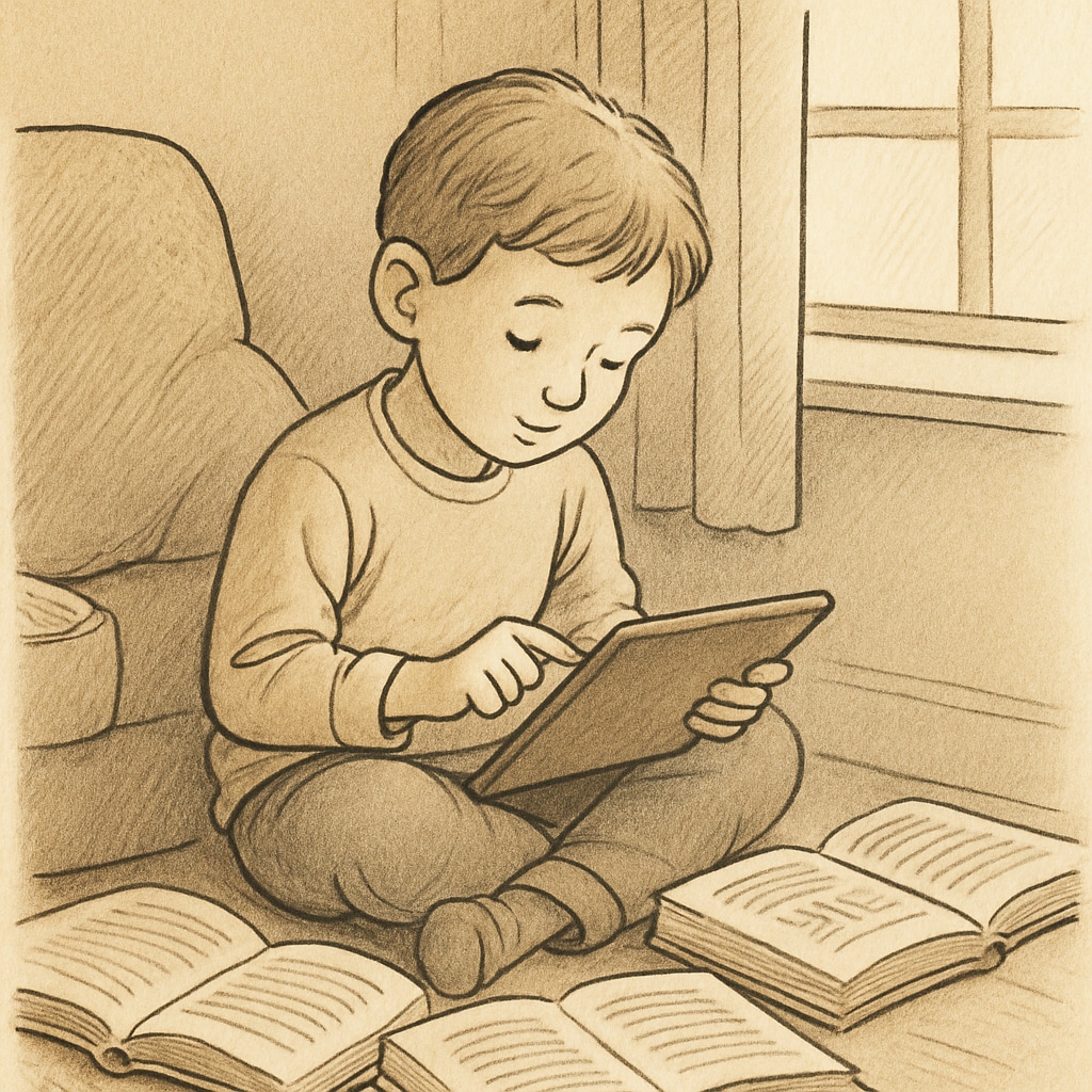 A self-directed learning setup where a child is independently exploring topics of interest.