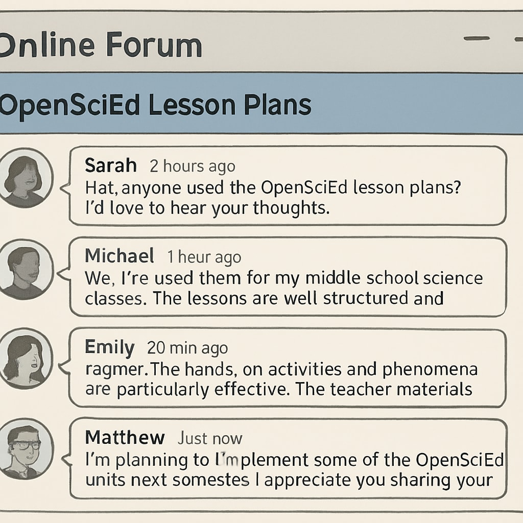 An online forum screenshot showing educators discussing OpenSciEd lesson plans. Screenshot of teachers collaborating on OpenSciEd lesson strategies in an online forum.