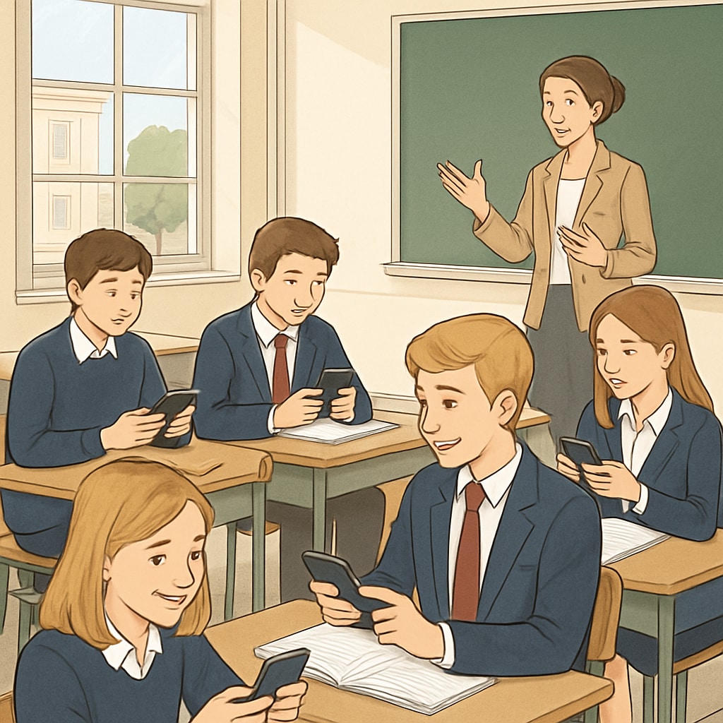 A private school classroom where students are using their phones for an interactive learning session. Private school students using phones for learning activities