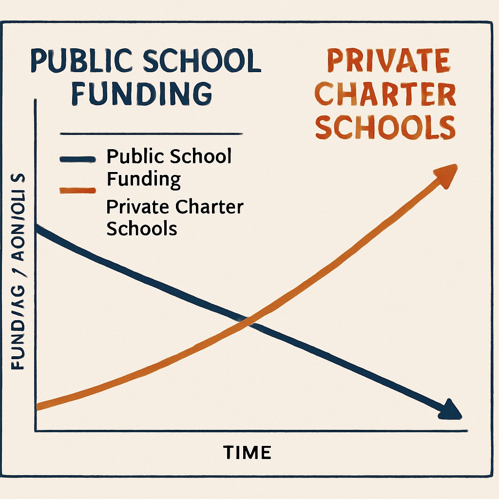 A graph showing the decline in public school funding correlated with the rise of private charter schools. Graph illustrating public school funding cuts and charter school growth.