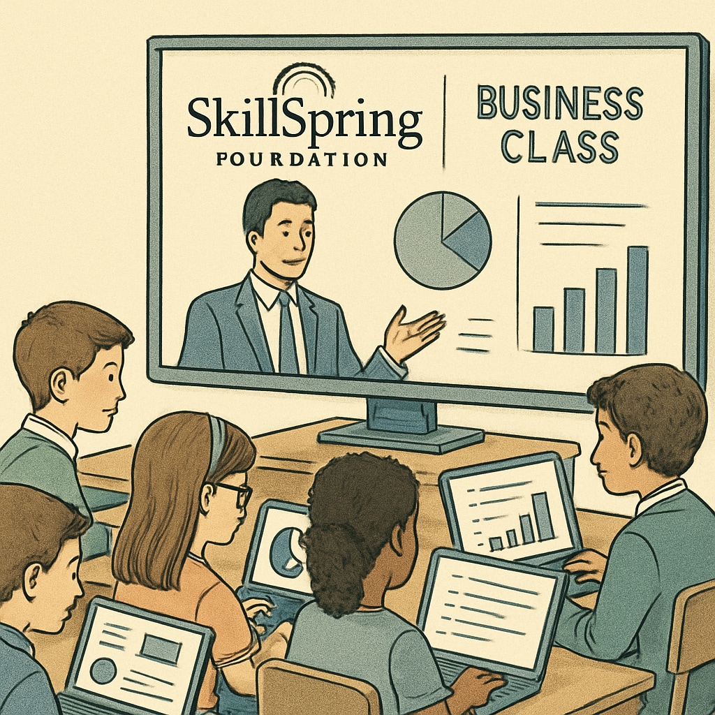 A group of young students engaged in an online business class, showcasing SkillSpring Foundation's virtual learning platform. Students participating in SkillSpring Foundation’s virtual business education program.
